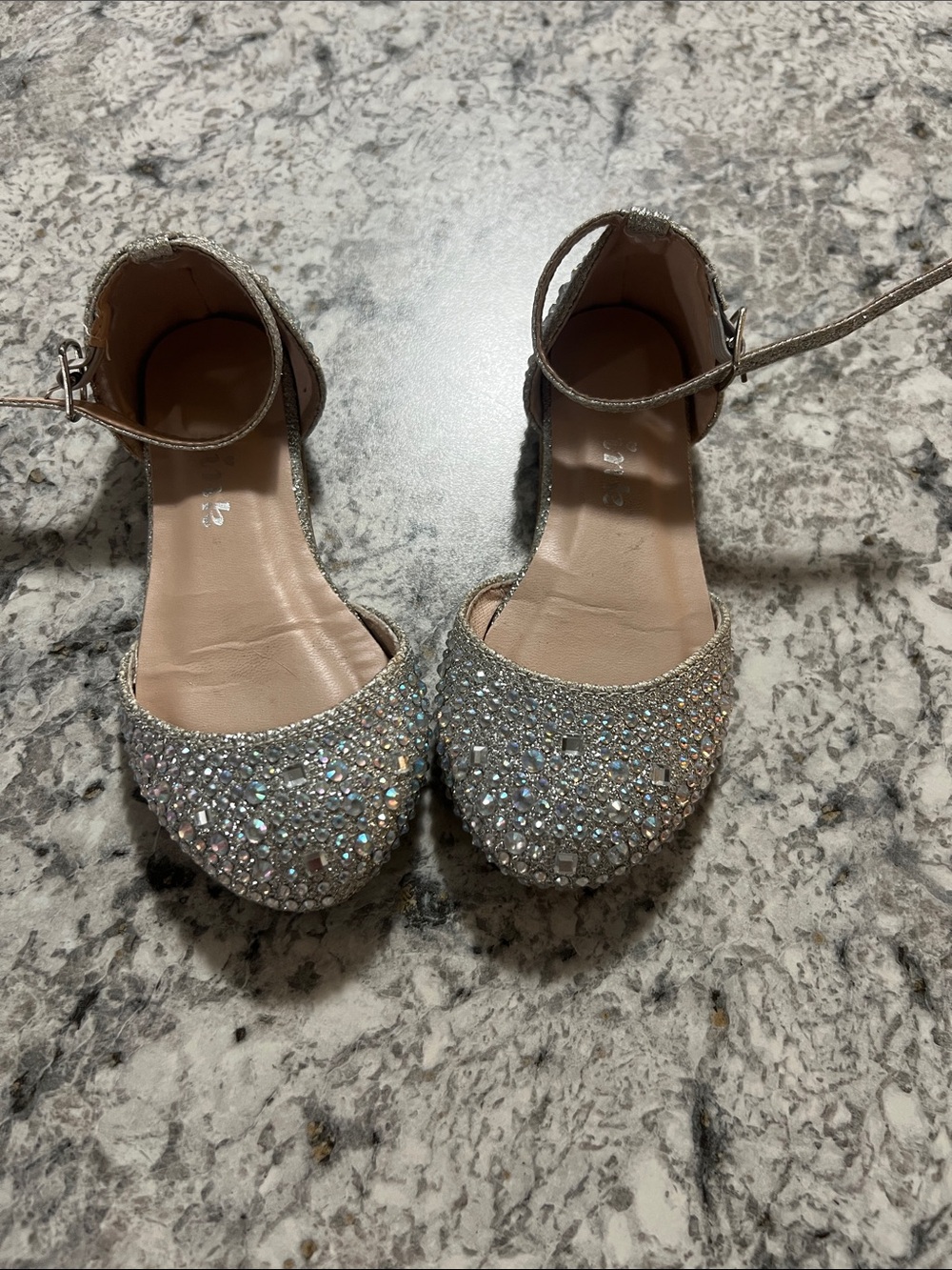 Sparkling Silver Crystal-Embellished Kids Flats with Ankle Strap